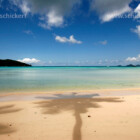 Schatten einer Kokospalme an der breiten Sandbucht der Anse a la Mouche im Sueden der Insel Mahe, Seychellen