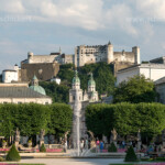 Brunnen im Mirabellgarten mit Blick auf den Dom und die Festung Hohensalzburg Salzburg, Österreich | Mirabell Palace Gardens fountain, Cathedral and Salzburg fortress in Salzburg, Austria