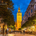 Die belebte Fussgängerzone Calle Mateos Gago und der Glockenturm Giralda der Kathedrale Santa María de la Sede in der Abenddämmerung, Sevilla, Andalusien, Spanien | Busy pedestrian zone Calle Mateos Gago and the Giralda of the Seville Cathedral Saint Mary of the See at dusk, Seville, Andalusia, Spain,